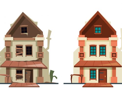 Abandoned house. Repair old building exterior of cottage fixing architectural object new house vector flat pictures. Repair fix, maintenance house building illustration